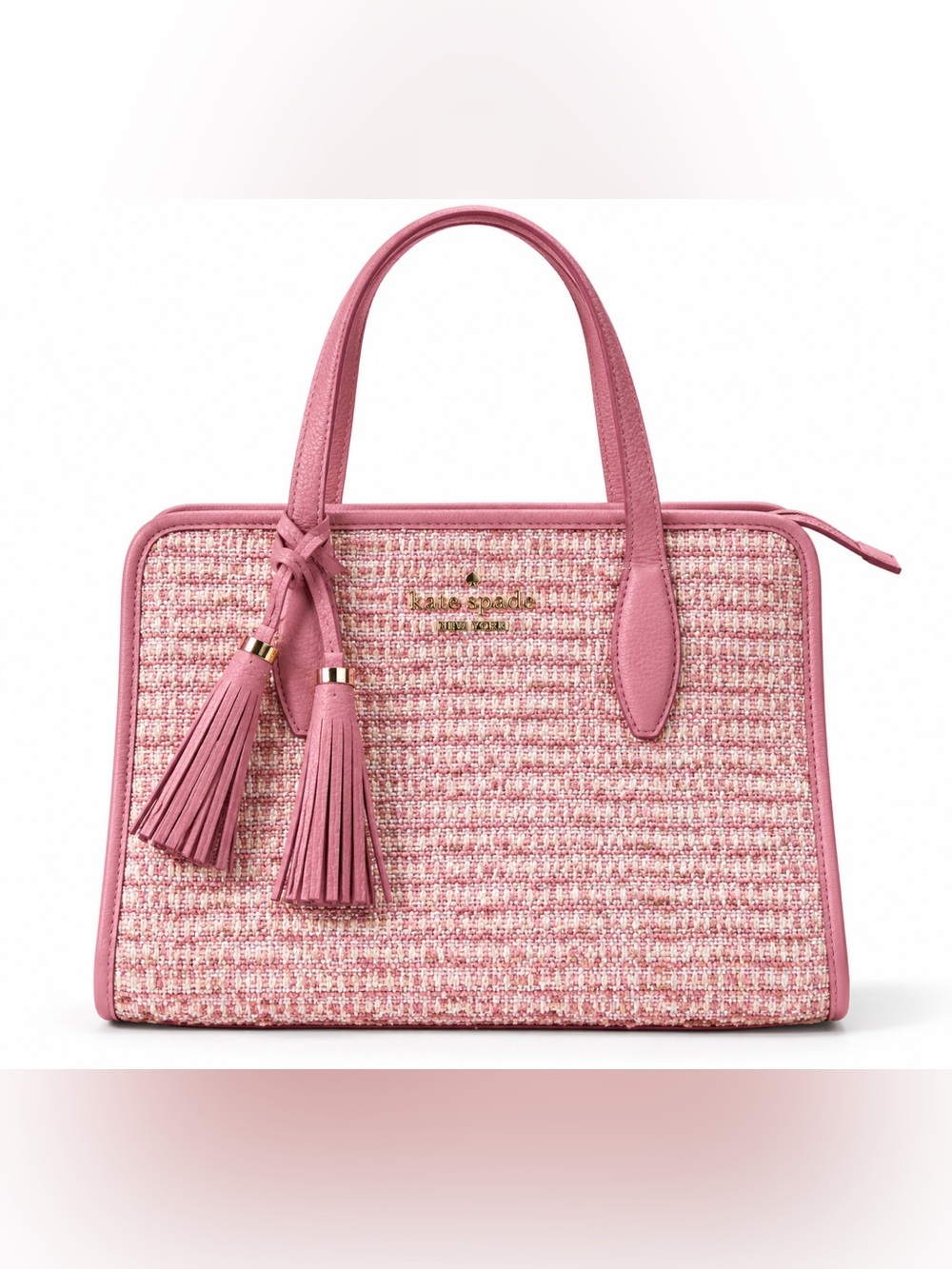 Kate Spade Rowe Summer Tweed Pink Satchel Leather Tassel Handbag